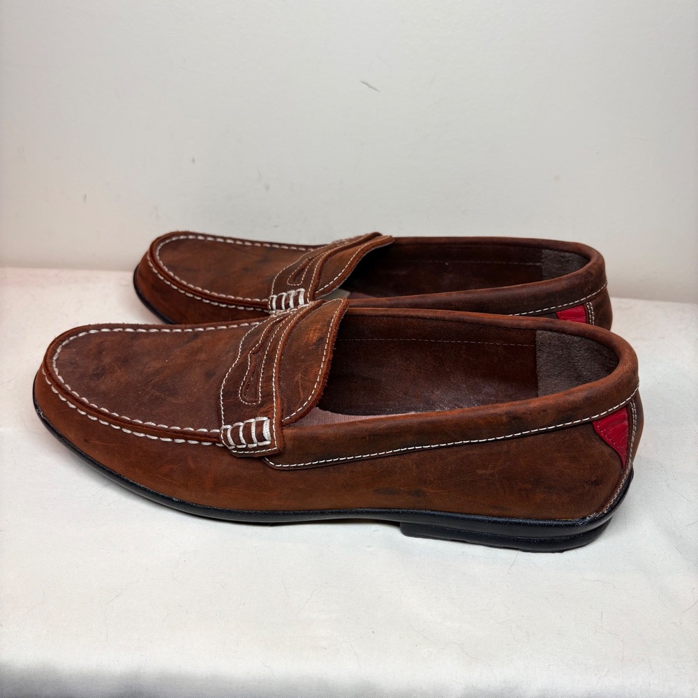 FootJoy Mens Brown Leather Penny Loafers Contrast Stitching Rubber Sole Size 9M